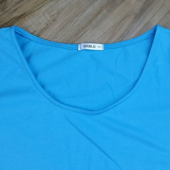 🔹️🔺️Blue Scoop Neck Stretchy Elbow Sleeve Top Large - Picture 7 of 11